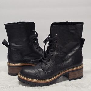 Bertuchi Black Genuine Leather Combat Boots Lace Up Zip Lug Sole Block Heel 9.5
